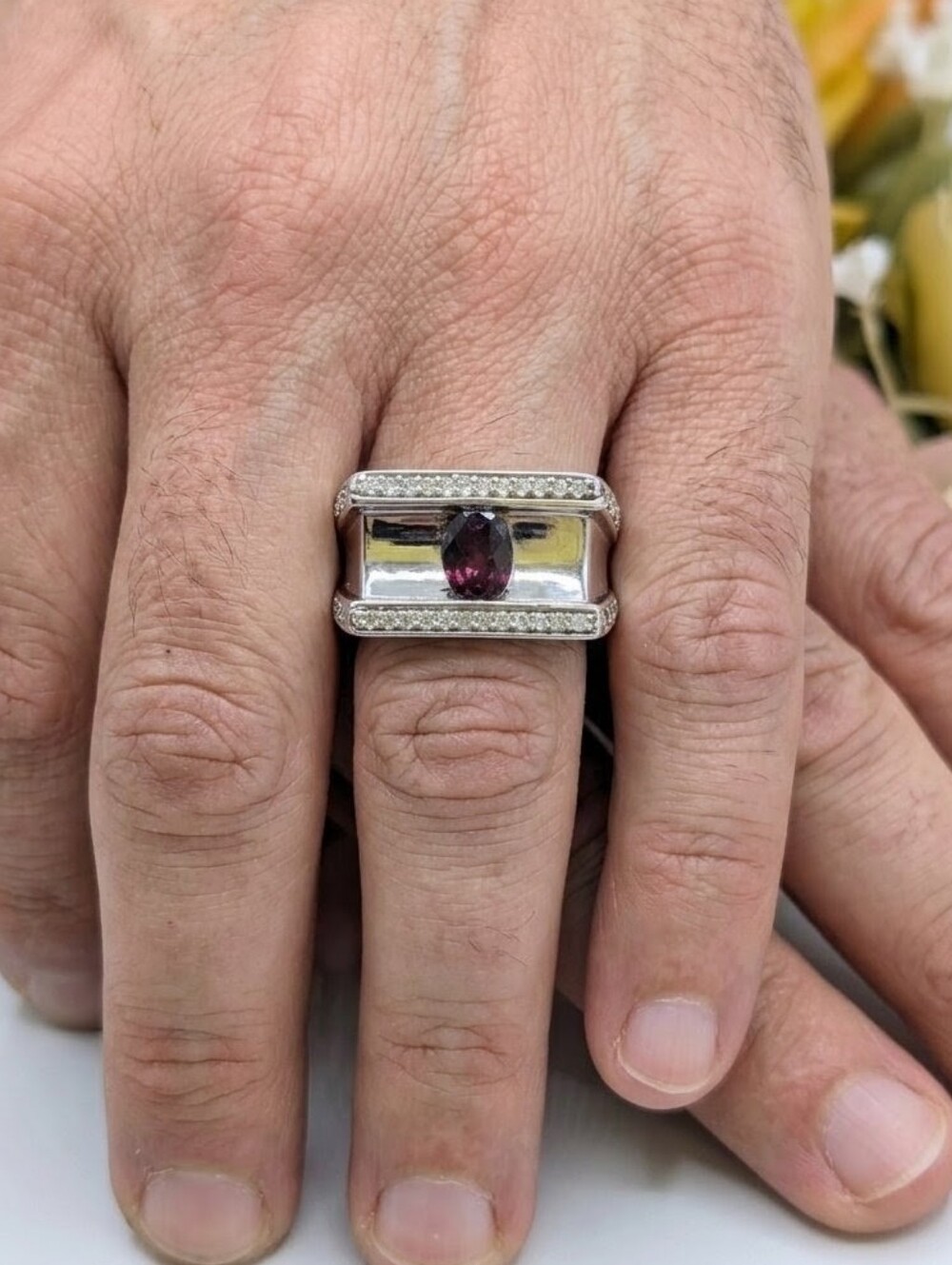 Men's 2ctw Rhodolite Garnet & Cambodian Zircon 925 Silver Ring - Picture 9 of 9